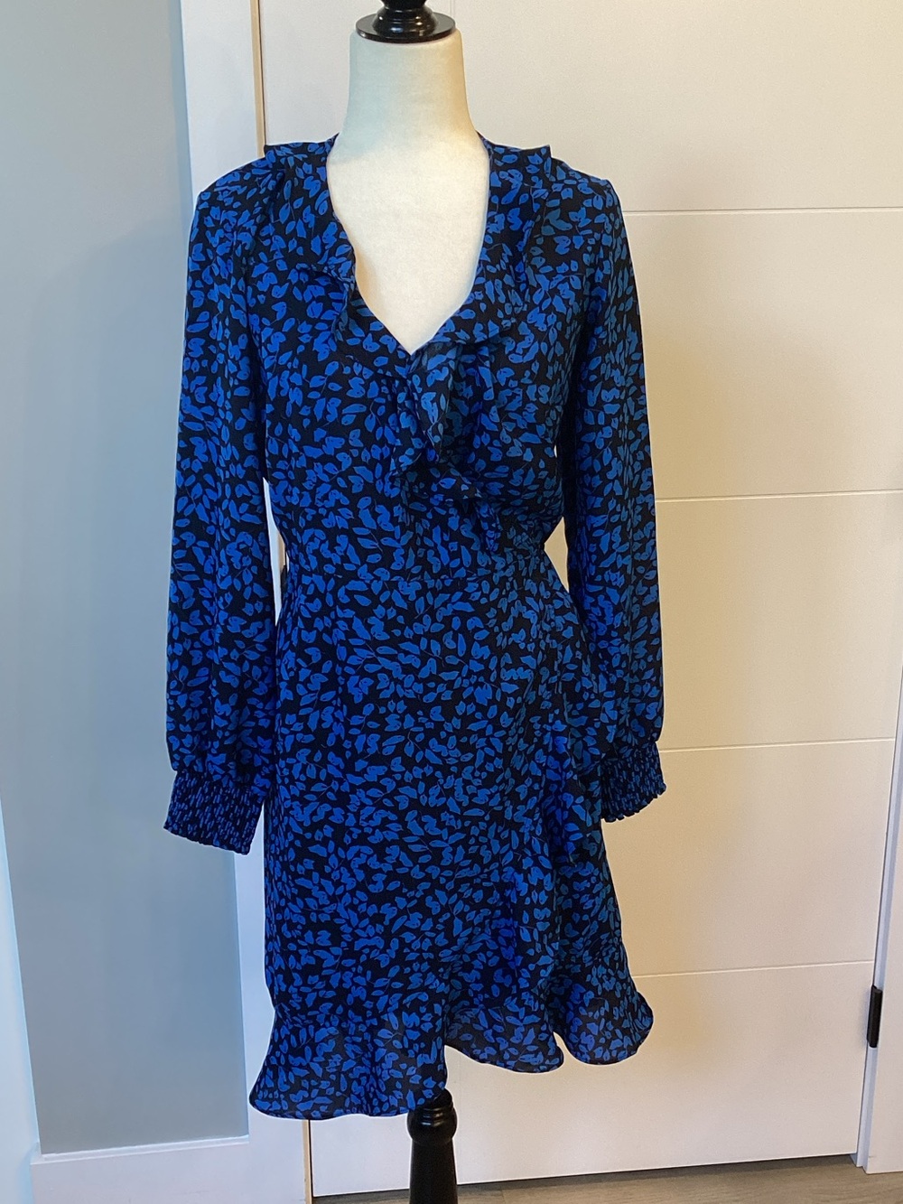 Blue Floral Wrap-Style Long Sleeve Dress